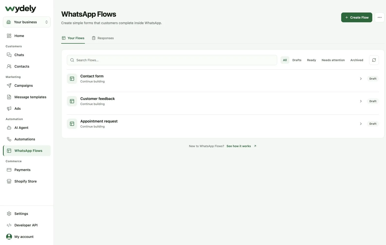 Wydely WhatsApp Flows directory showing Contact form, Customer feedback and Appointment request drafts, search and status filters.