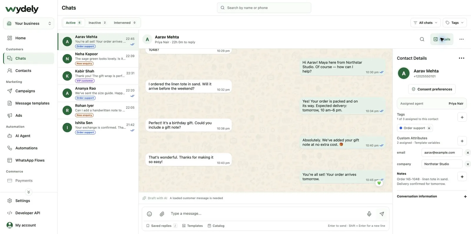Wydely shared inbox with customer conversations, assigned teammate and contact details