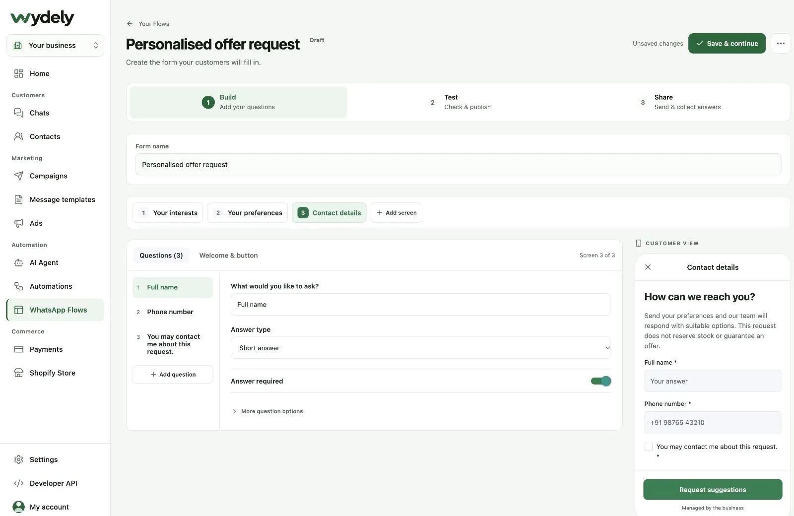Wydely offer Flow on screen three, showing name, phone and a required permission checkbox in the customer preview.