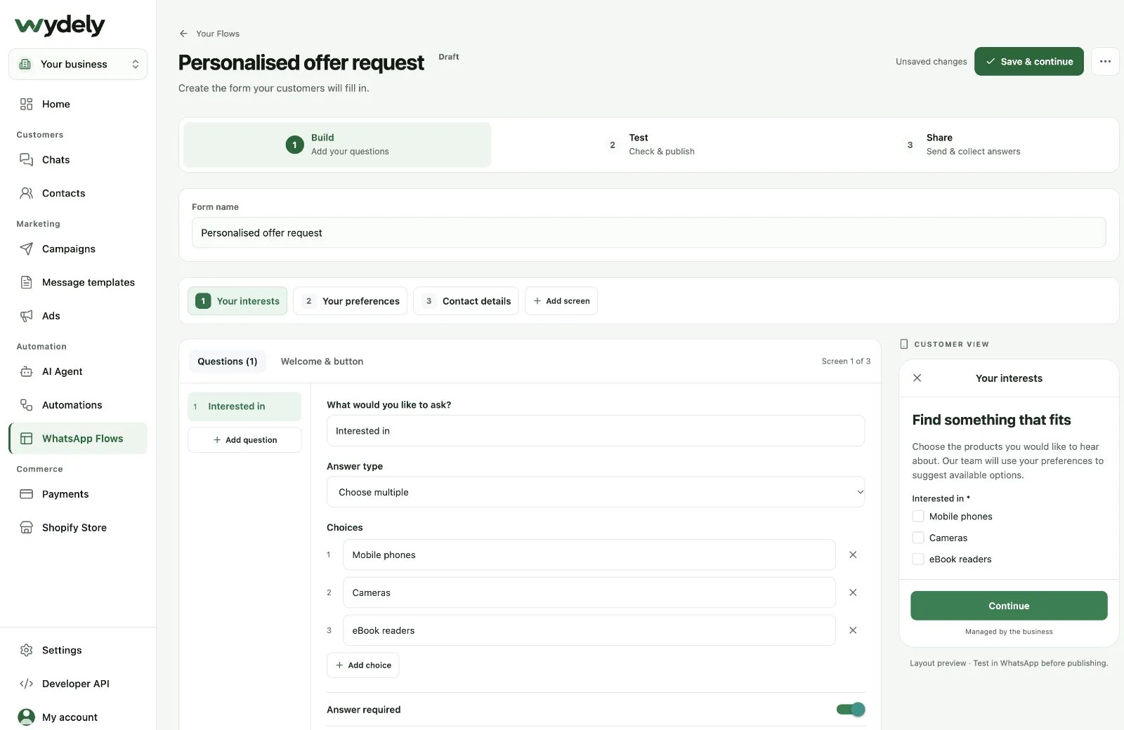 Wydely Personalised offer request Flow on screen one, with multiple-choice product interests and the customer preview.