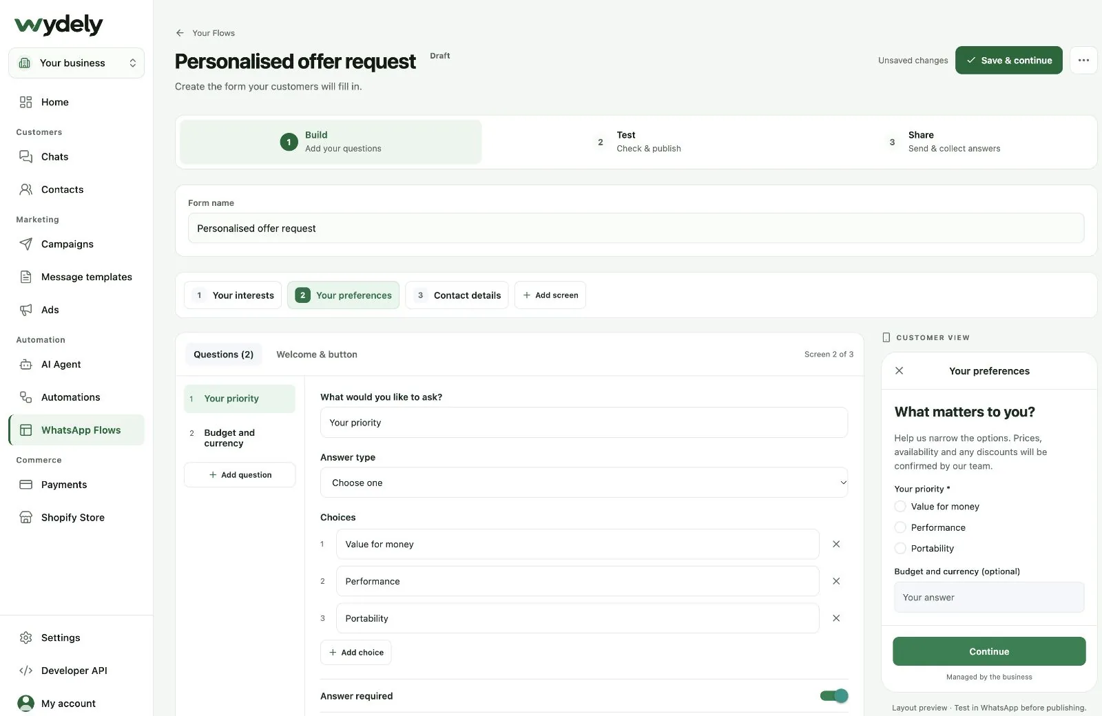 Wydely three-screen offer Flow on screen two, showing priority choices and an optional budget question.