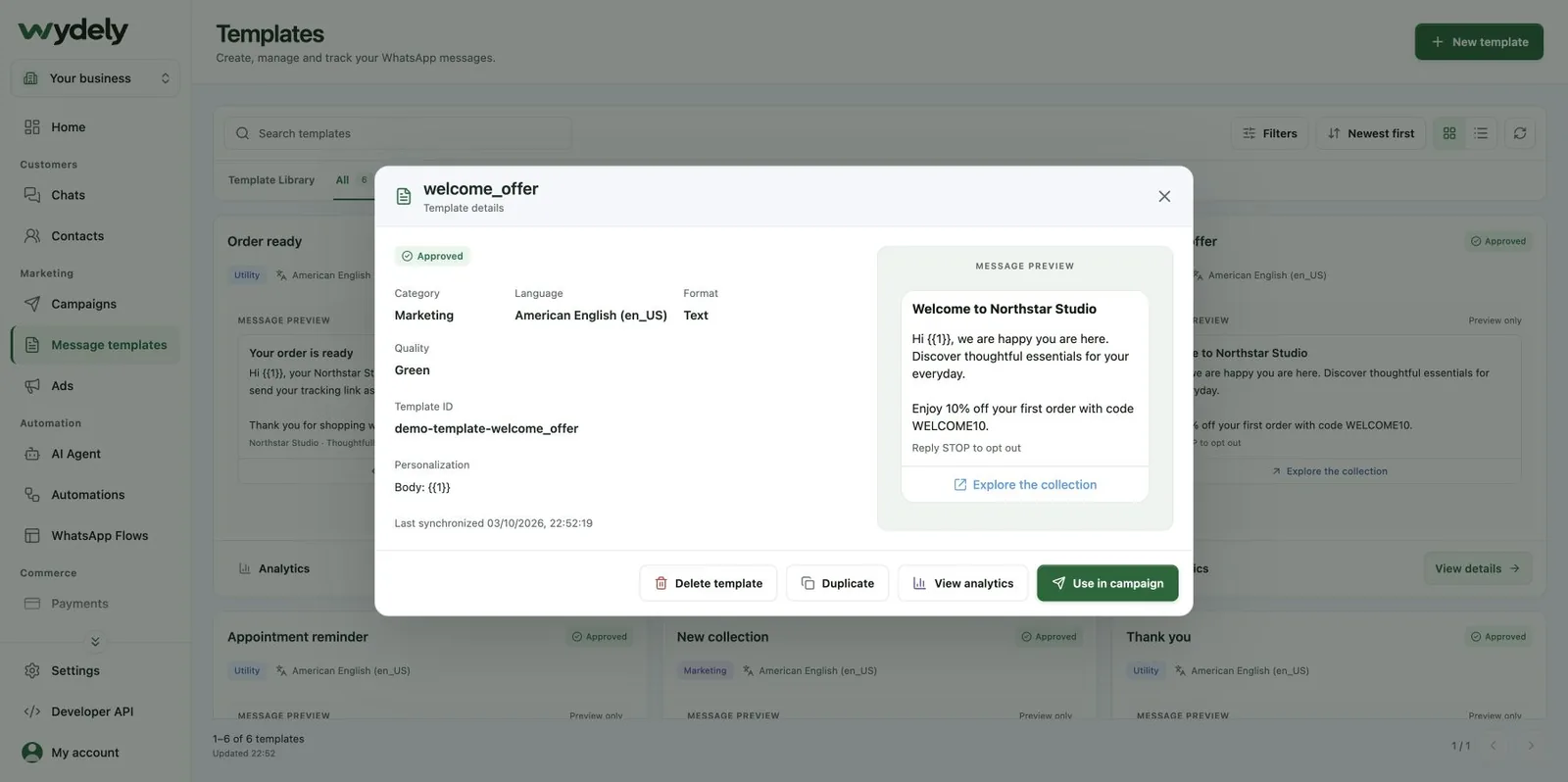 Wydely template details dialog showing a sample Marketing template, language, format, variable and preview.