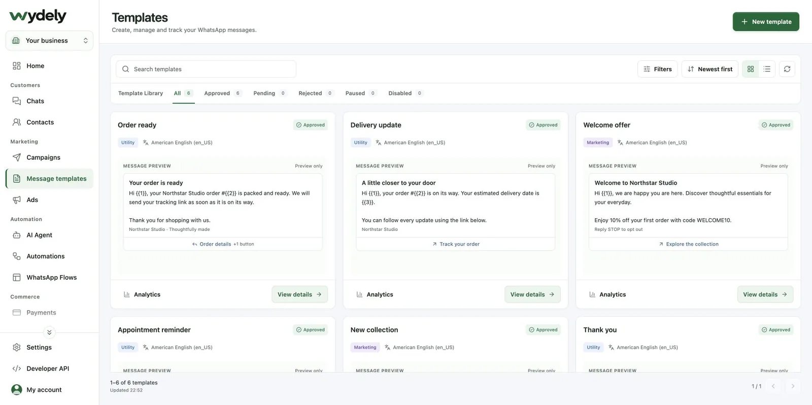 Wydely message template directory with language, category, status tabs and message previews.